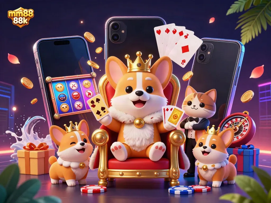 Experience thrilling gameplay in a vibrant mm88 88k casino scene featuring a royal corgi among poker symbols.