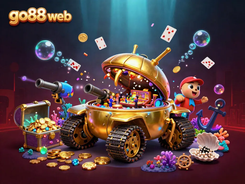 Engage with the vibrant go88 web, featuring a creative 3D illustration of a golden beetle tank casino in an underwater treasure scene.