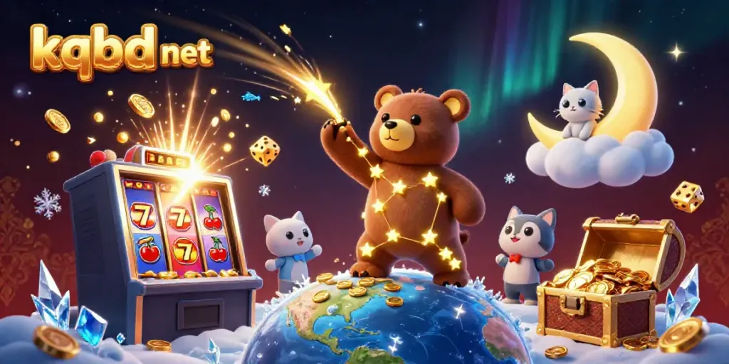 Engage with the exciting gaming world of kqbd net, where a constellation bear scoops up coins amidst dynamic slot machines and casino symbols.