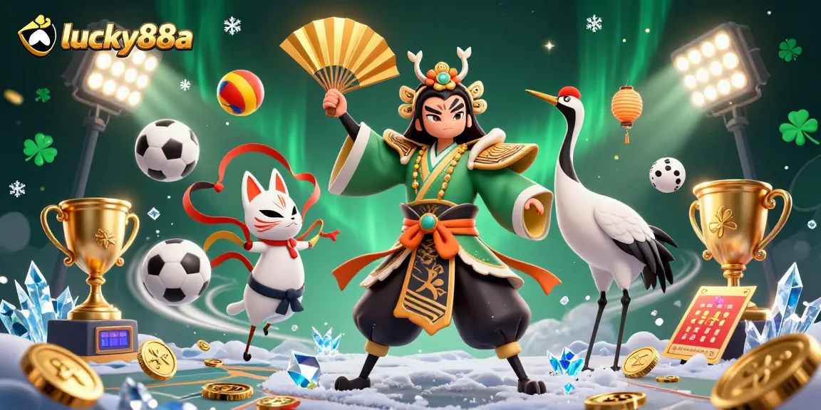 Win big with lucky88a in a vibrant casino scene featuring cartoon warriors and dynamic sports elements.