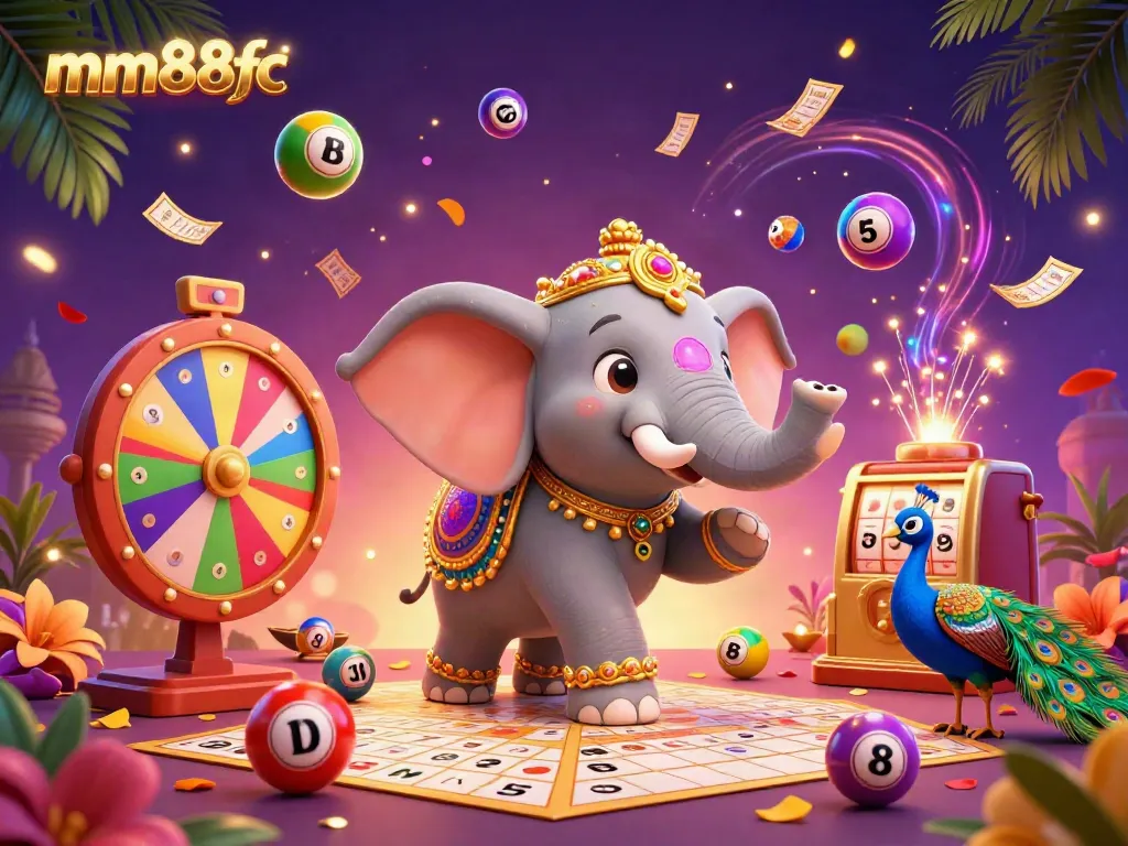 Engage with mm88fc's dynamic party atmosphere featuring a colorful elephant, action-filled games, and vibrant celebrations.