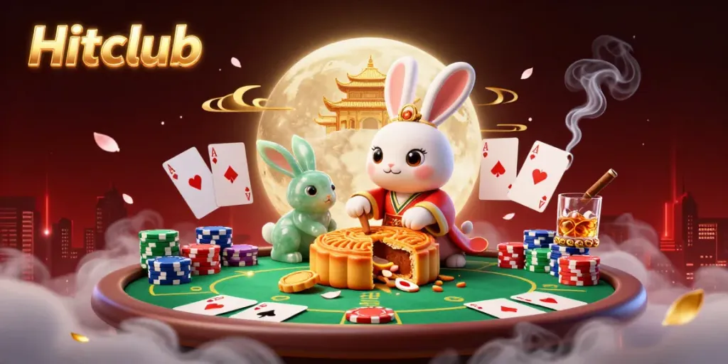 Hitclub players enjoy a vibrant lunar casino scene with poker elements and a whimsical moon rabbit theme.