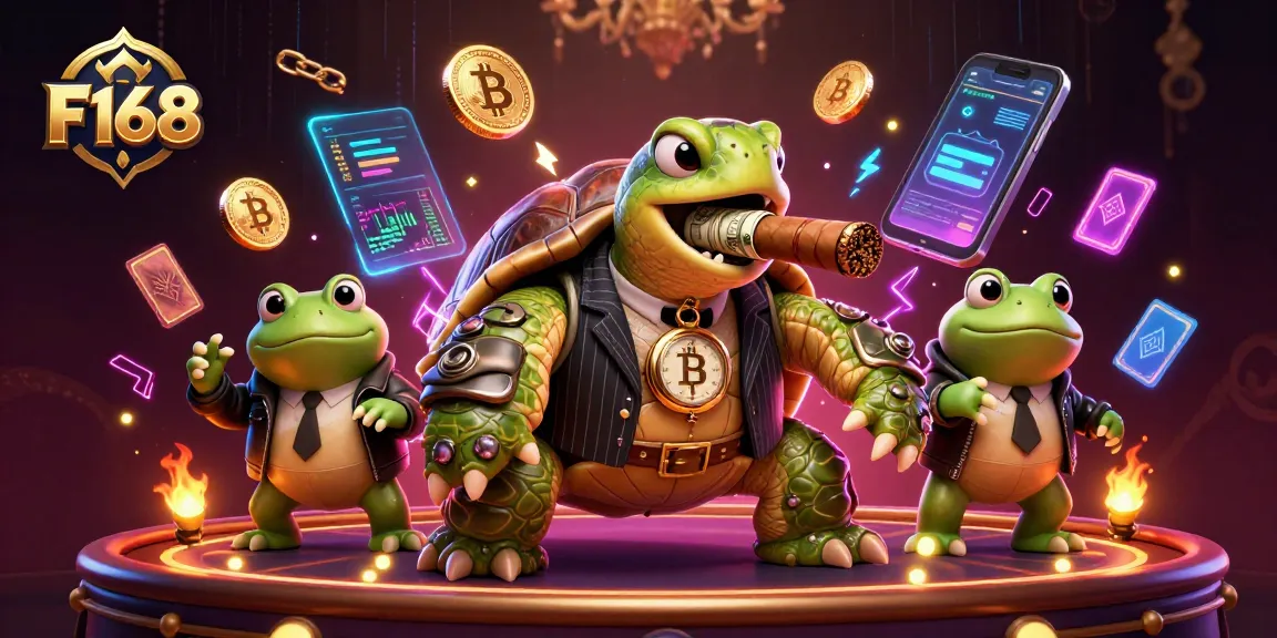 Experience exciting gameplay at F168 with a vibrant casino scene featuring a turtle in a mobster suit and crypto elements.