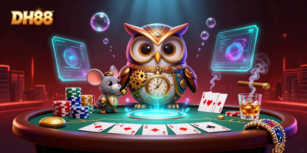 Engaging DH88 gaming scene with steampunk owl, poker elements, and vibrant atmospheric effects.