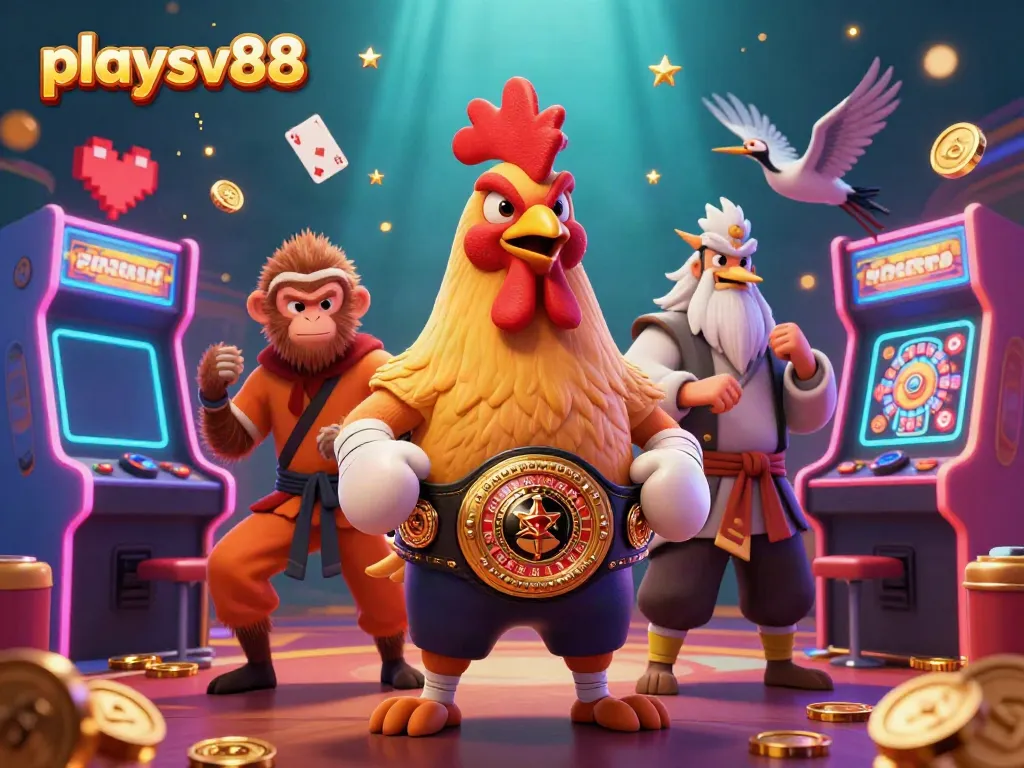 Experience the excitement at playsv88 with a dynamic 3D casino scene featuring colorful game elements and unique characters.