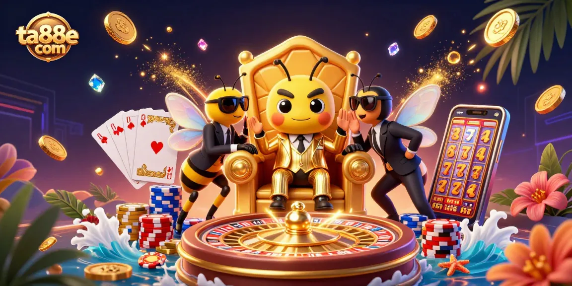 Win big at ta88e com with a lively casino scene featuring golden coins, a bee mob boss, and a roulette wheel.