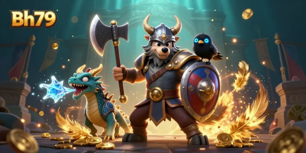 Experience the action at Bh79 with epic Viking warriors, dragons, and vibrant casino elements.