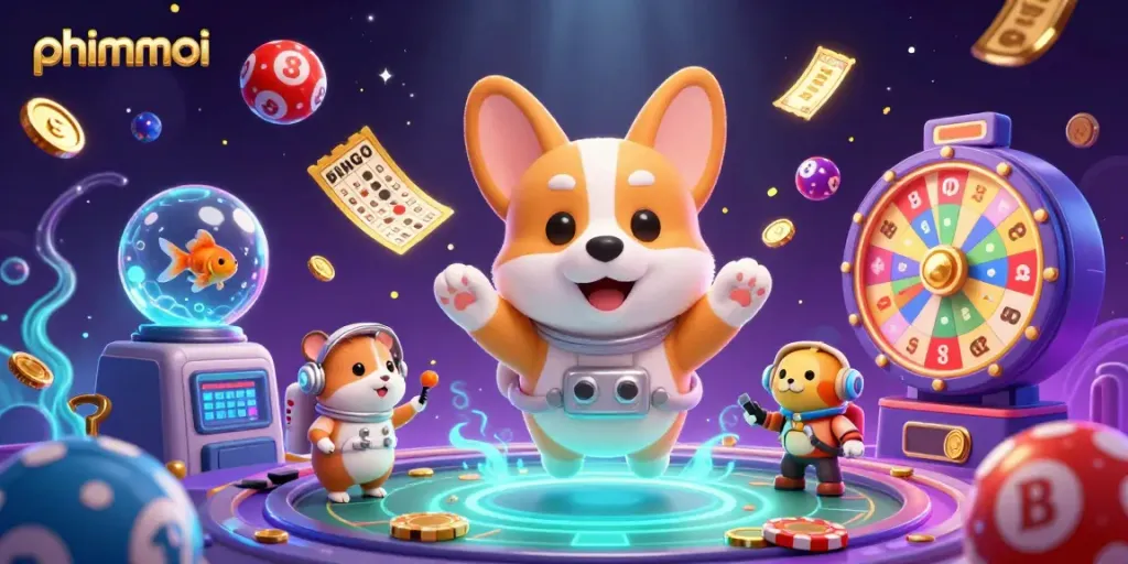 Experience thrilling games with phimmoi as a cartoon astronaut corgi wins in a lively casino atmosphere.
