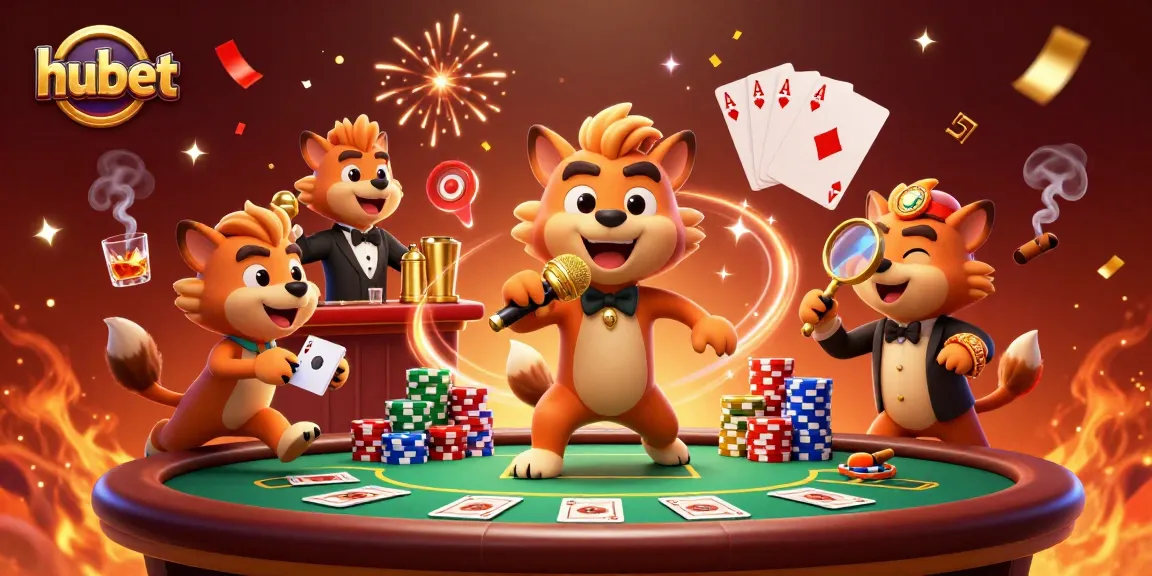 Experience hubet in a lively casino scene with cartoon hyenas enjoying poker and comedy.