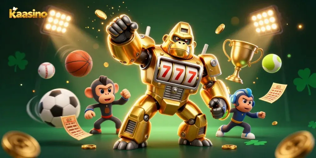 Kaasino inspires thrilling wins with its vibrant 3D casino scene featuring sports elements and a golden gorilla mech.