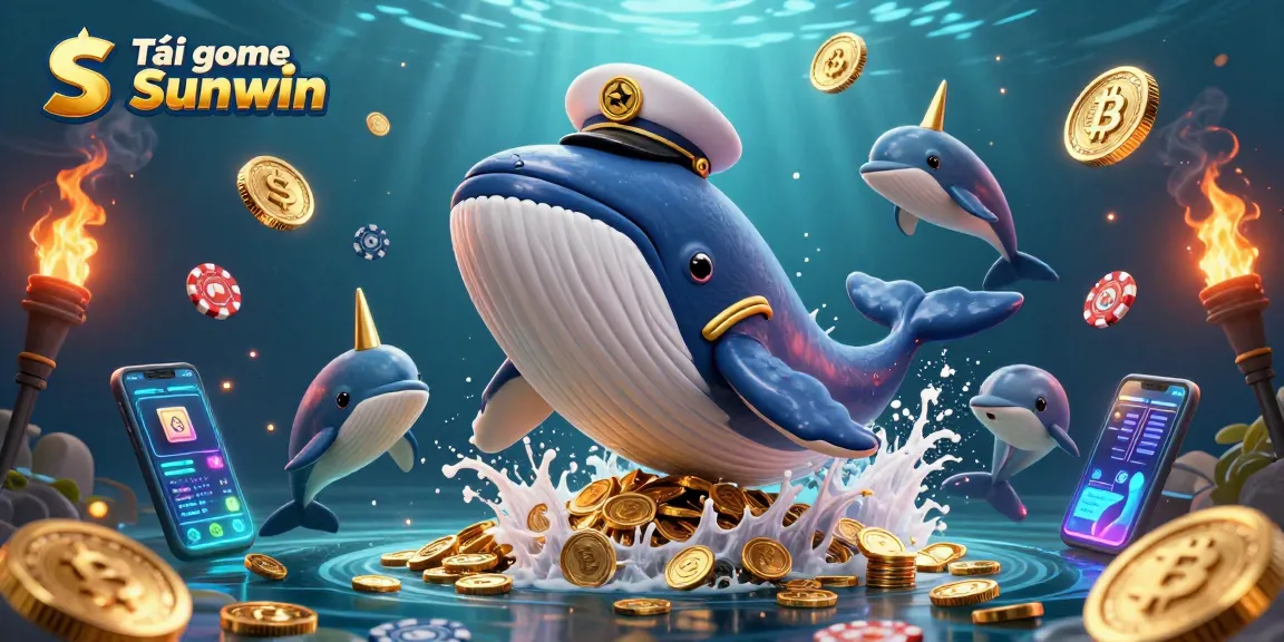 Play engaging games and Tải game Sunwin featuring a whimsical whale and aquatic characters amidst crypto coins.